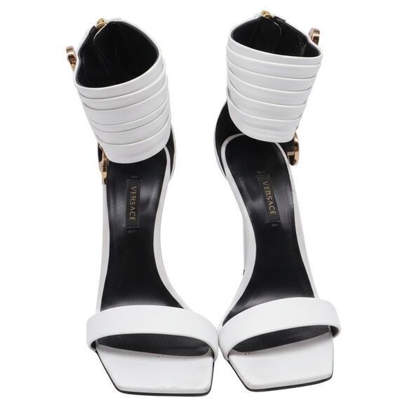 Versace Safety Pin Ankle-Cuff Sandals in White Leather - Picture 2 of 12